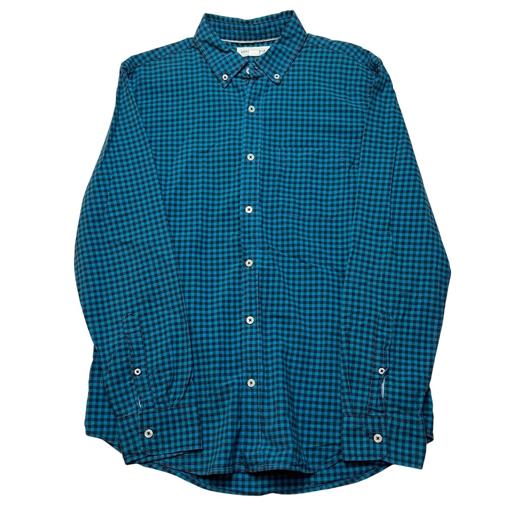 Aeropostale‎ Button Down Shirt Mens Medium Blue Gingham Plaid Cotton Long Sleeve